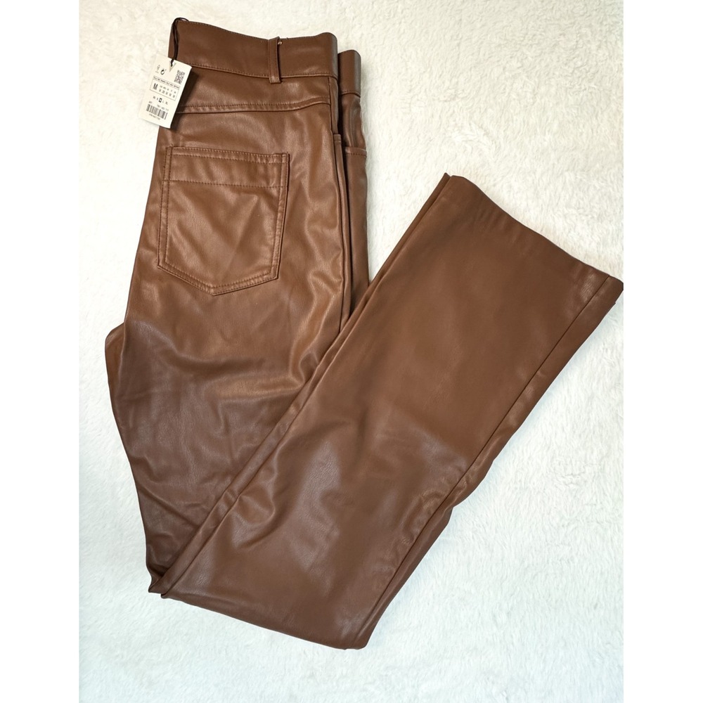 Zara NWT Faux Leather Pants Medium Brown High Rise Straight Leg Ankle Zip 28